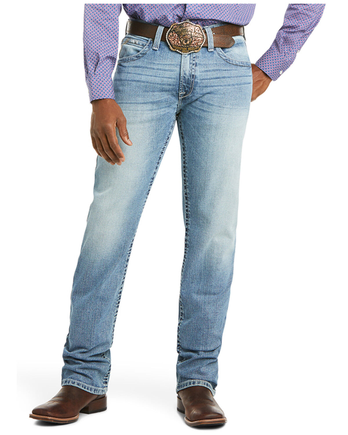 Image #1 - Ariat Men's M2 Stirling Light Wash Relaxed Fit Stretch Bootcut Denim Jeans, Blue, hi-res