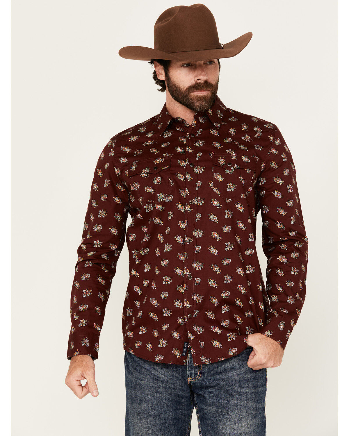 Image #1 - Moonshine Spirit Men's Nightmare Paisley Print Long Sleeve Snap Western Shirt, Burgundy, hi-res