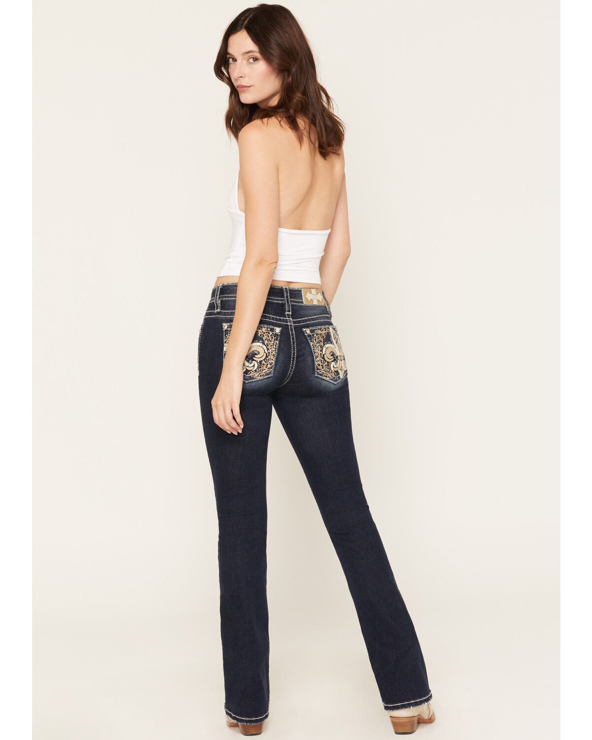 Miss Me Women's Dark Wash Mid Rise Winged Pocket 32" Bootcut Stretch Denim Jeans, Dark Wash, hi-res