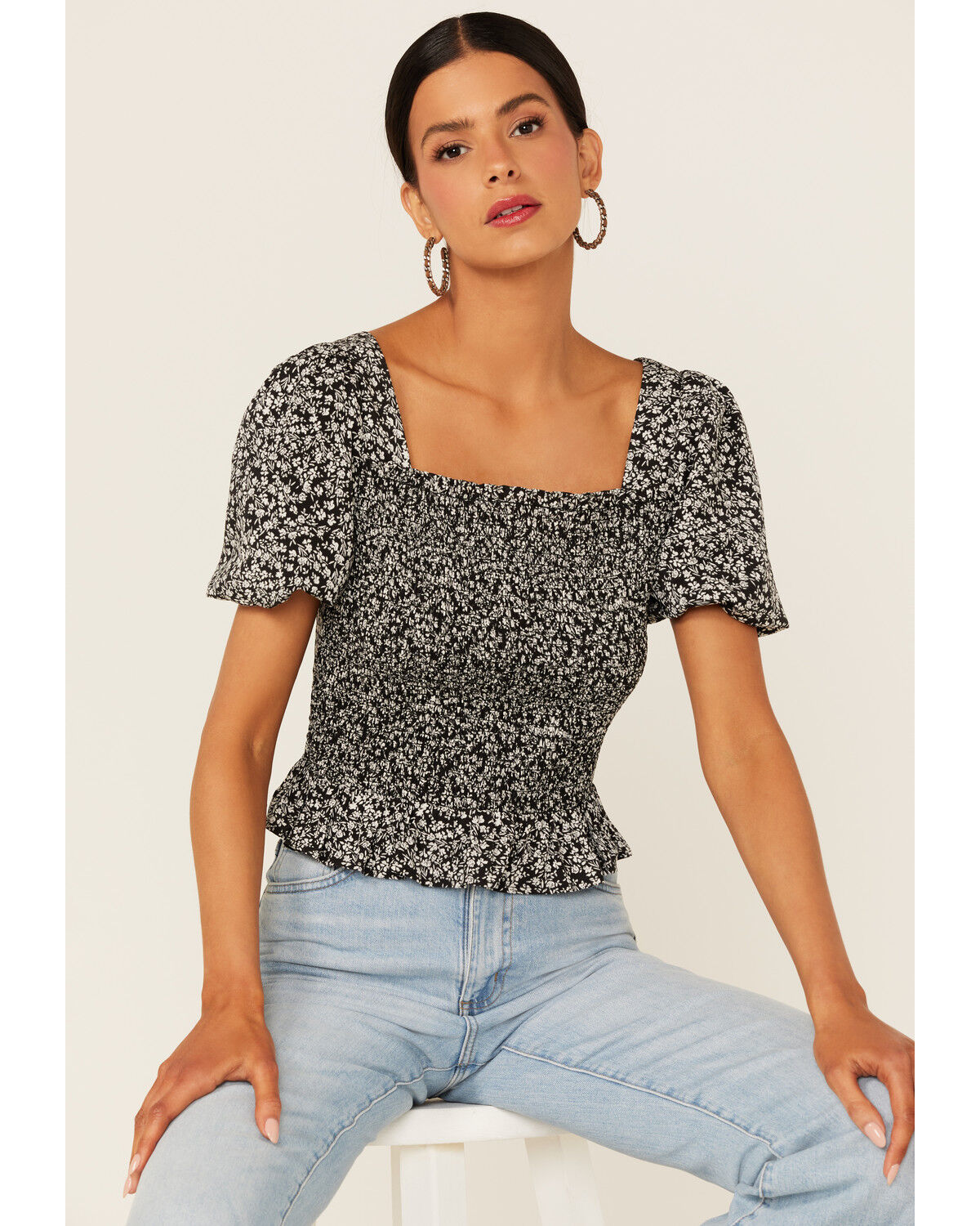 Image #1 - Beyond The Radar Women's Ditsy Floral Print Smocked Shirt, Black, hi-res