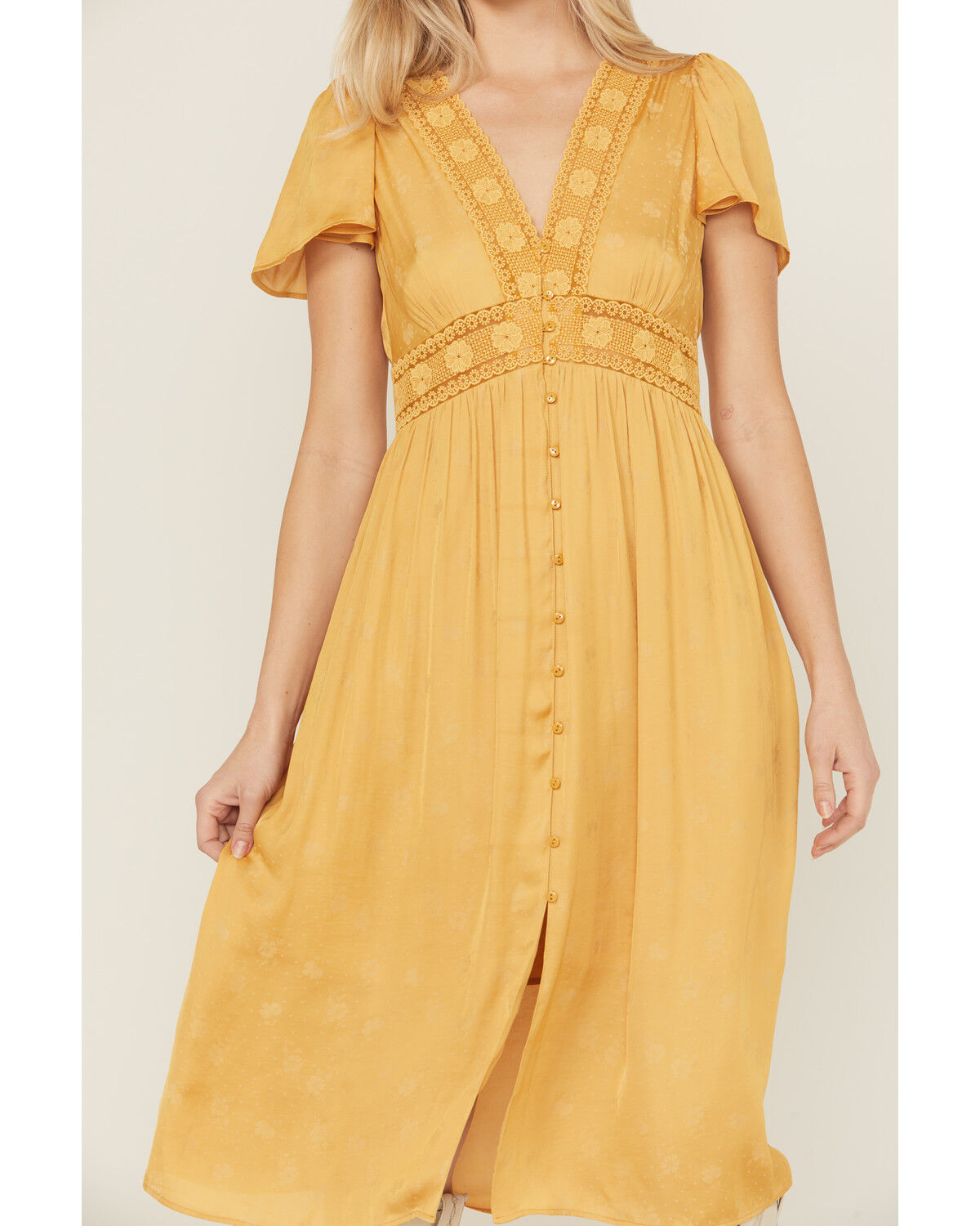 Image #3 - Beyond The Radar Women's Short Sleeve Floral Lace Midi Dress, Mustard, hi-res