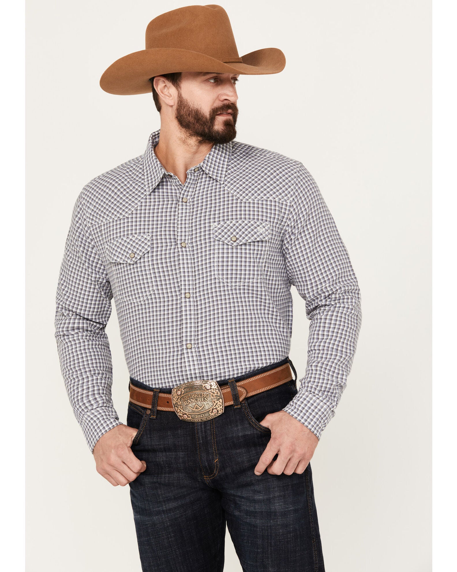 Blue Ranchwear Men's Rawlins Plaid Print Long Sleeve Western Pearl Snap ...