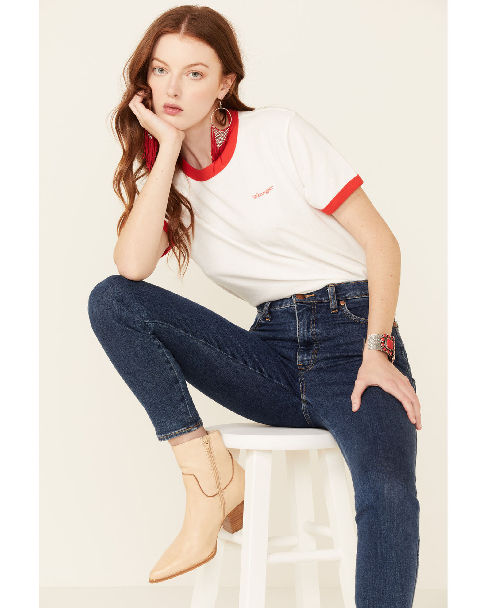 Wrangler Modern Women s White Vintage Back Logo Short Sleeve Ringer Tee Sheplers