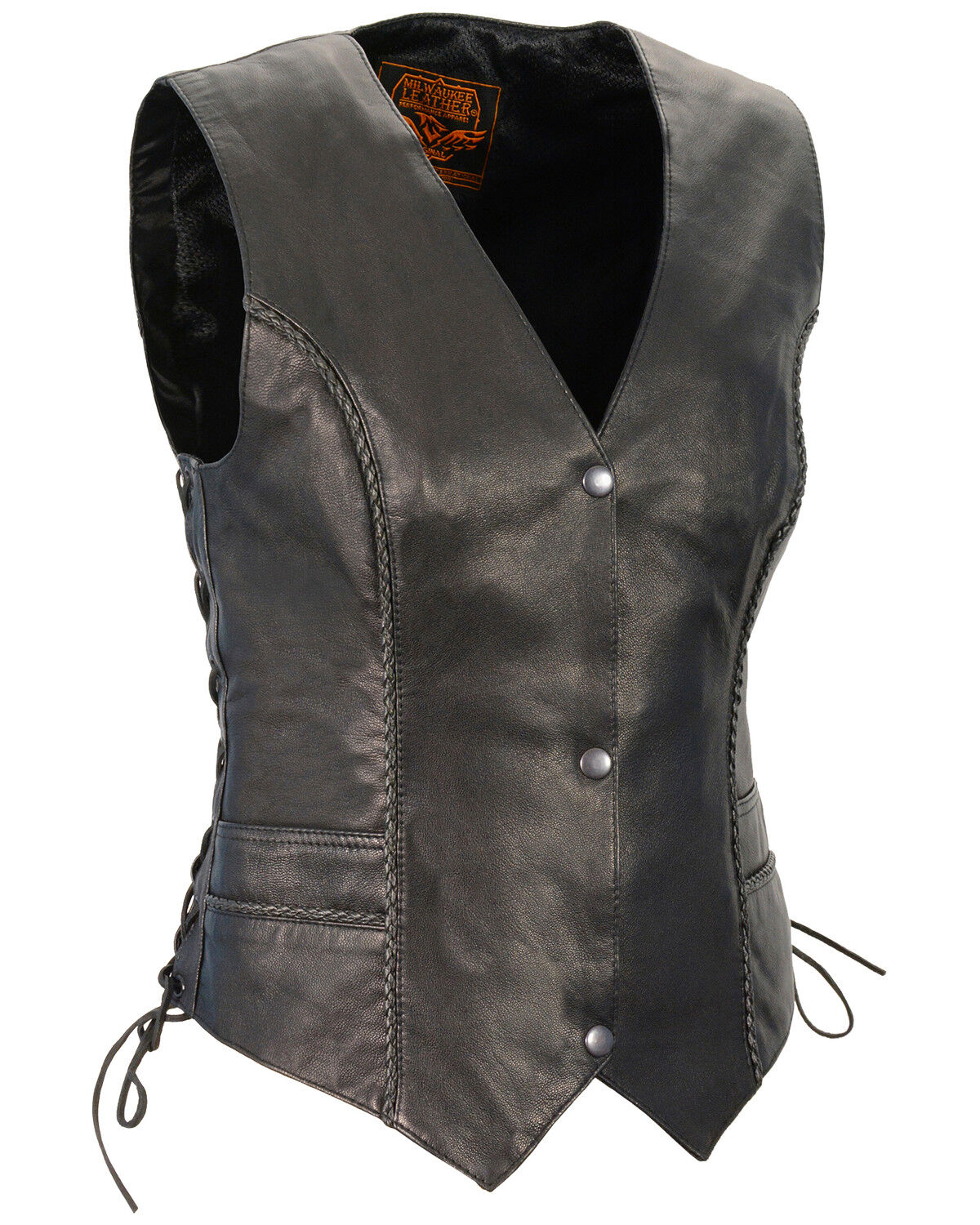 Image #1 - Milwaukee Leather Women's Braided Side Lace Lightweight Snap Front Vest - 3X, Black, hi-res