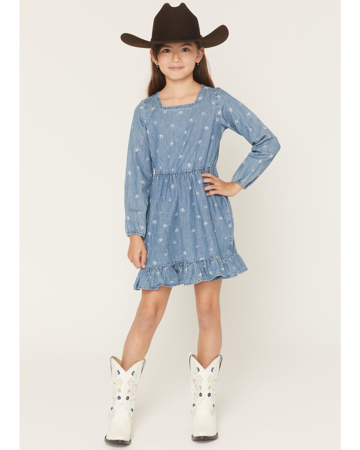 Image #1 - Wrangler Girls' Horseshoe Print Denim Dress, Blue, hi-res