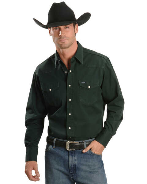 Image #1 - Wrangler Men's Solid Cowboy Cut Firm Finish Long Sleeve Work Shirt, Forest Green, hi-res