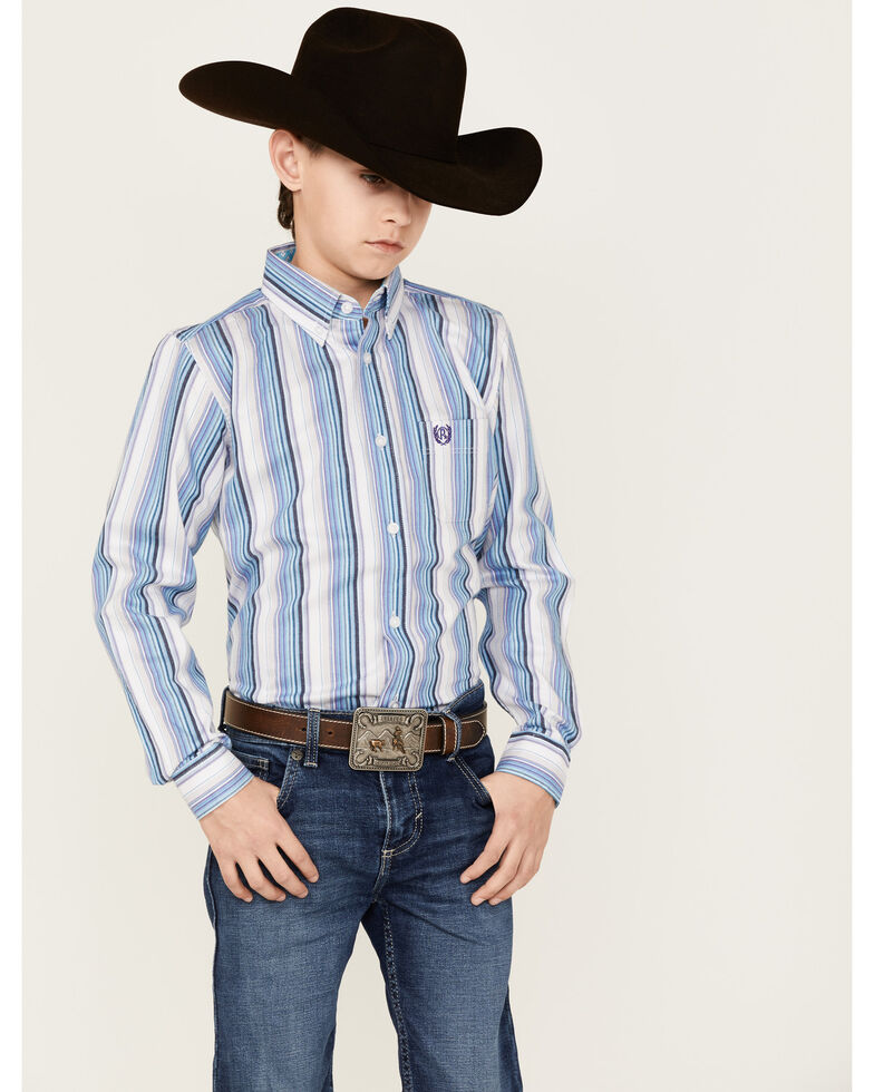 Panhandle Boys' Stripe Long Sleeve Button-Down Shirt, Light Blue, hi-res