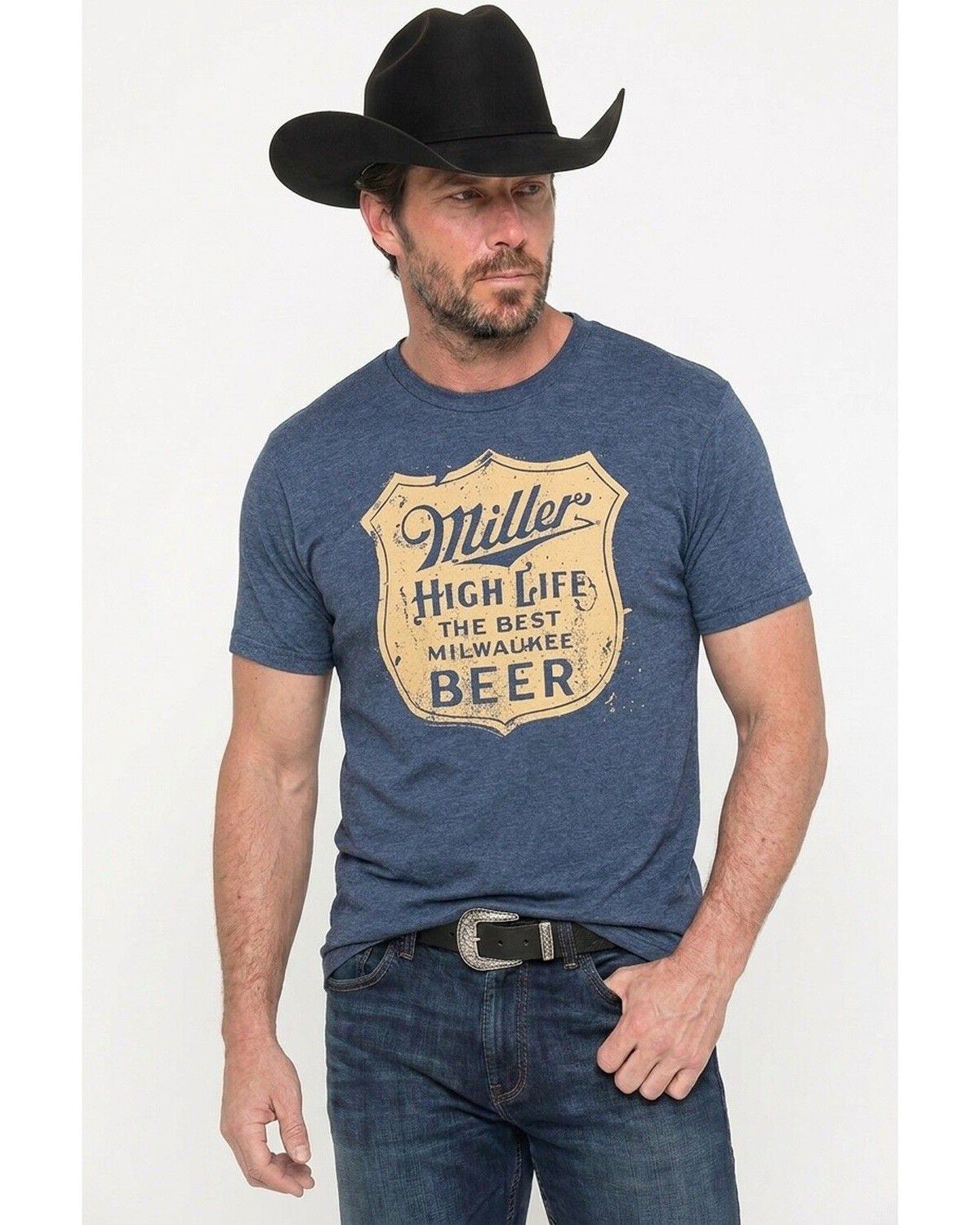 Image #1 - Miller Men's Vintage Shield High Life Short Sleeve Graphic T-Shirt, Navy, hi-res