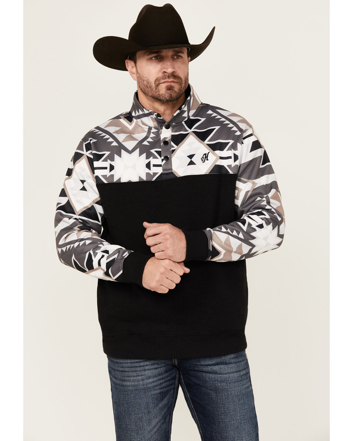 Image #1 - Hooey Men's Stevie Southwestern Block 1/4 Snap Pullover, Black, hi-res