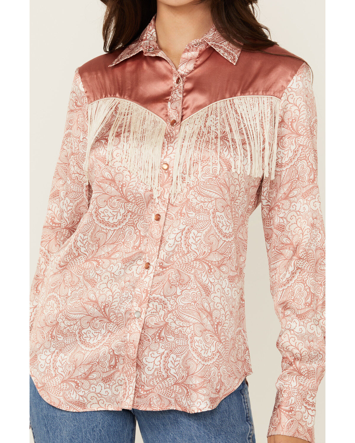 Image #3 - Scully Women's Paisley Print Fringe Long Sleeve Snap Western Shirt, Peach, hi-res
