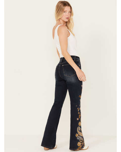 Image #3 - Grace in LA Women's Dark Wash High Rise Paisley Embroidered Flare Jeans , Dark Wash, hi-res