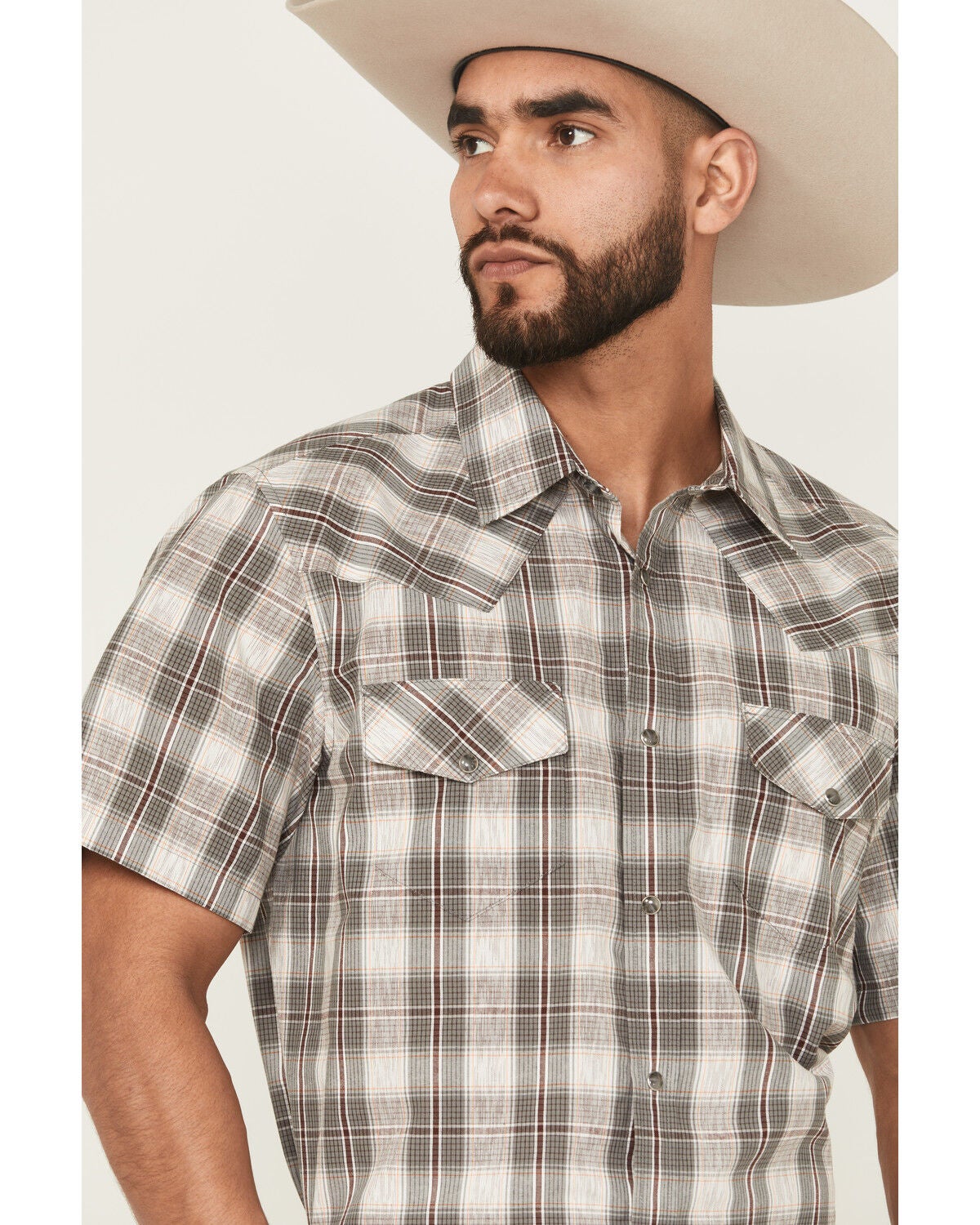 Image #2 - Gibson Trading Co Men's Starlink Plaid Print Short Sleeve Snap Western Shirt, Grey, hi-res