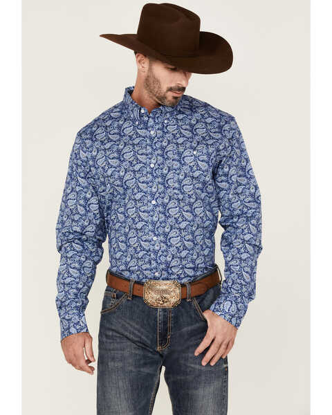 Image #1 - RANK 45® Men's Dally Paisley Print Long Sleeve Button-Down Western Shirt , Blue, hi-res