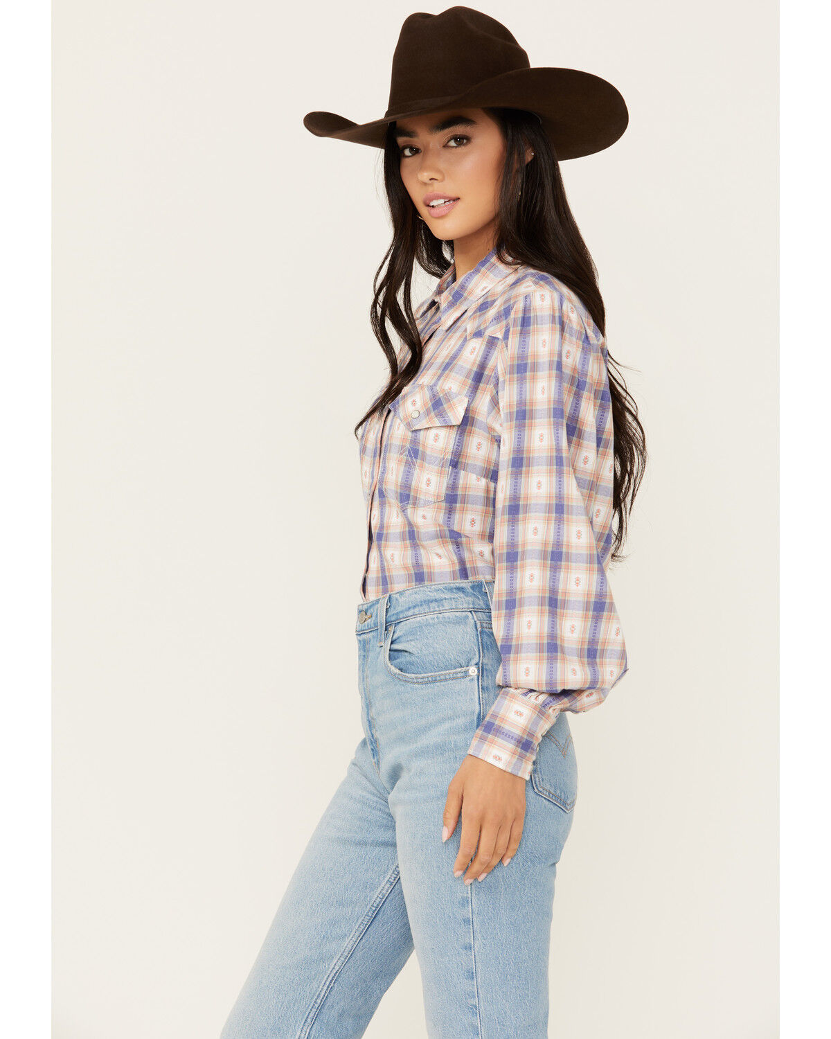 Image #2 - Wrangler Women's Balloon Sleeve Plaid Print Snap Western Shirt, Medium Wash, hi-res