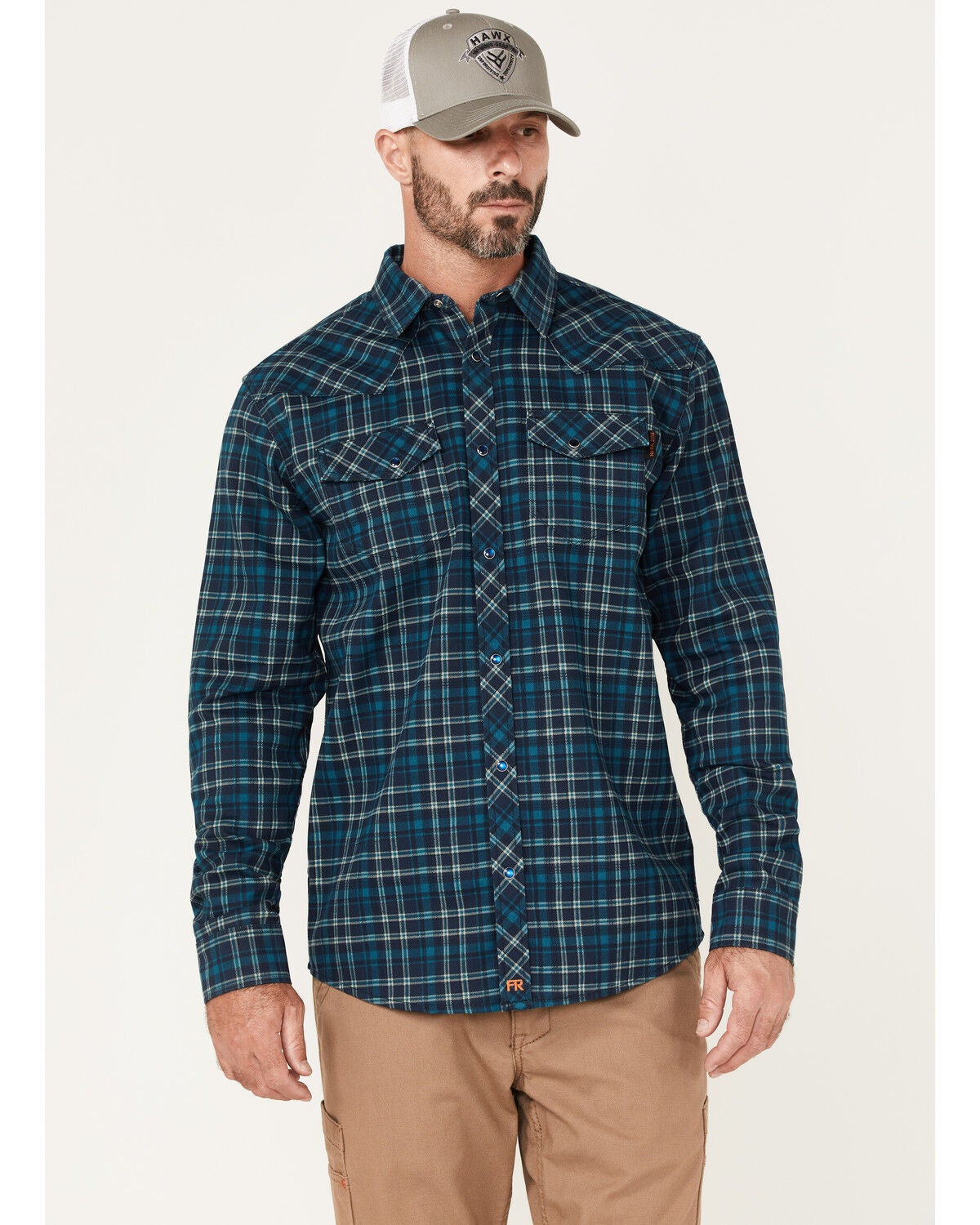 Cody James Men's FR Plaid Print Long Sleeve Snap Work Shirt, Navy, hi-res