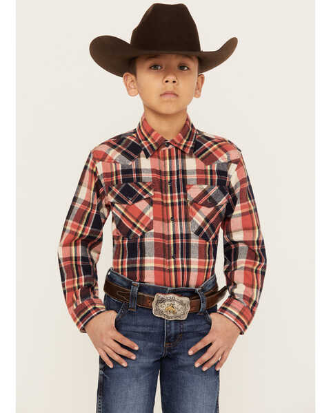 Image #1 - Roper Boys' Plaid Print Long Sleeve Snap Western Flannel Shirt, Red, hi-res