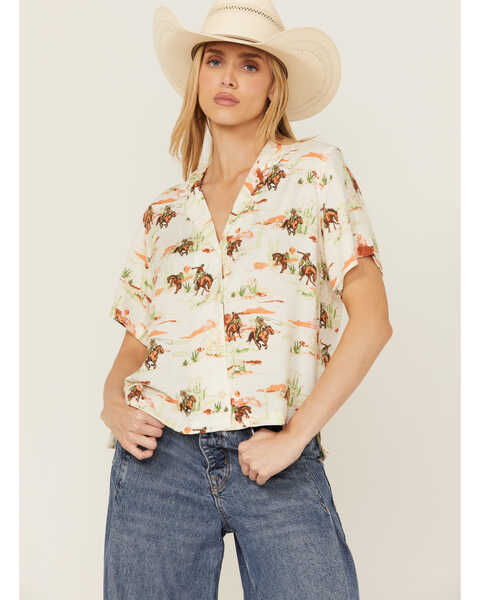 Wrangler Retro Women's Western Print Short Sleeve Button-Down Western Shirt, Cream, hi-res