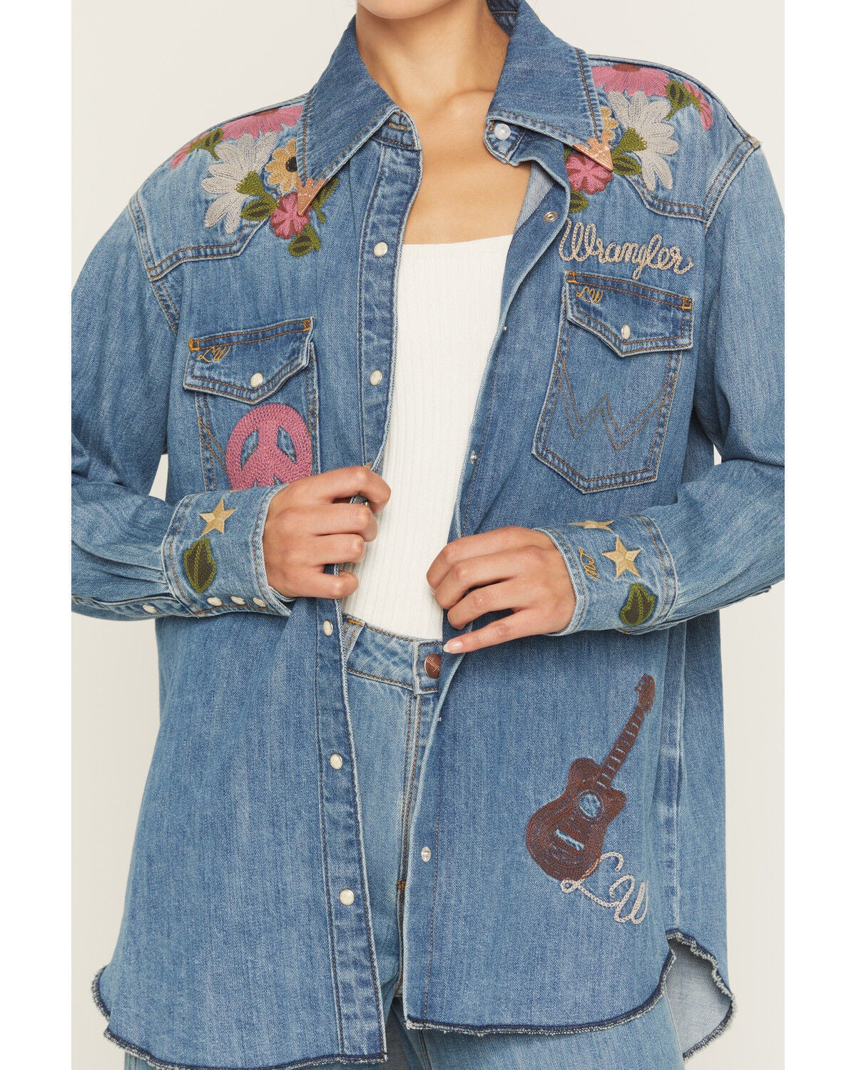 Image #3 - Wrangler X Lainey Wilson Women's Floral Embroidered Long Sleeve Snap Denim Shirt, Blue, hi-res