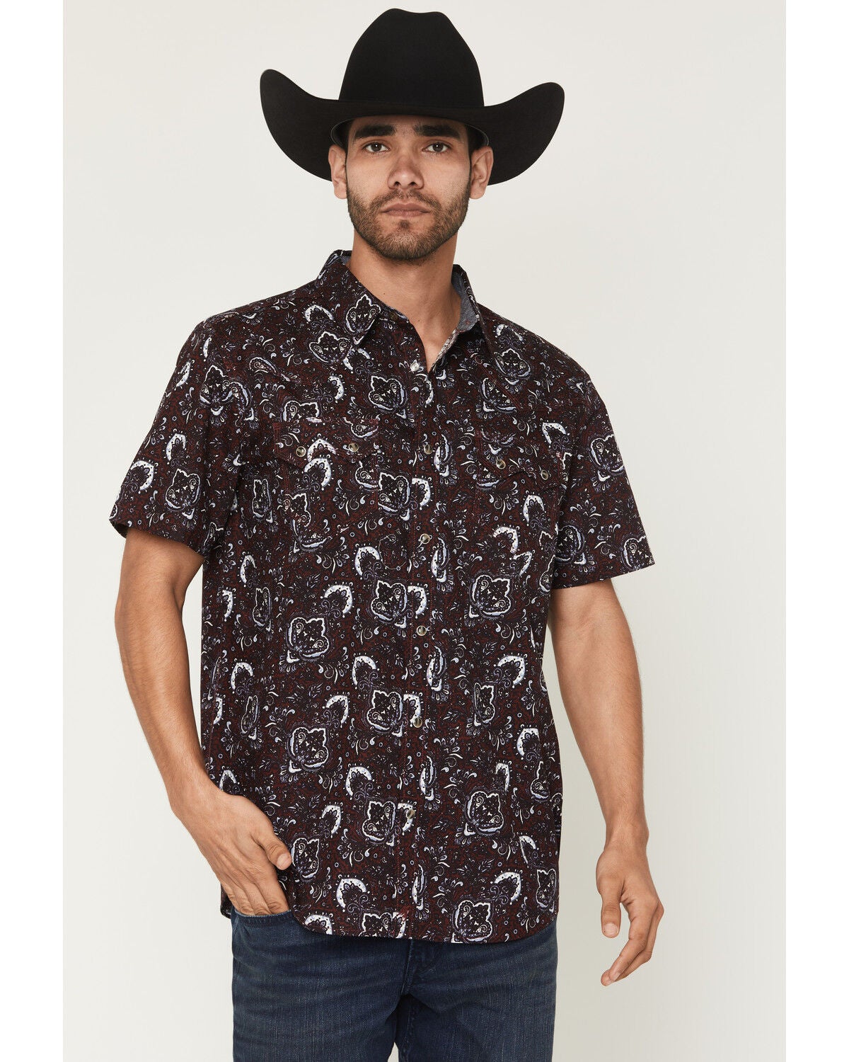 Image #1 - Moonshine Spirit&reg; Men's Purple Haze Paisley Print Short Sleeve Snap Western Shirt, Purple, hi-res