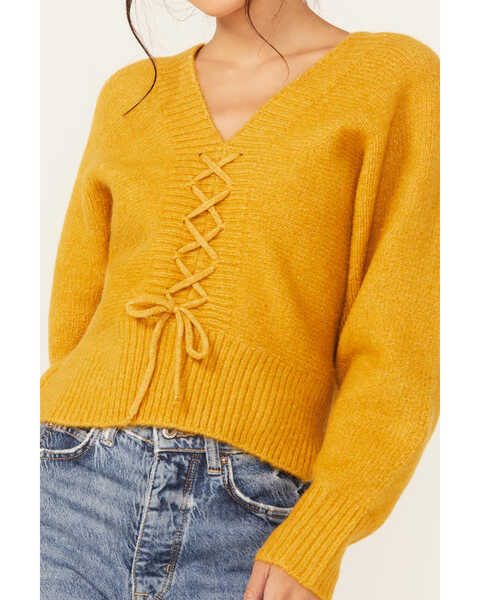 Image #3 - Molly Bracken Women's Long Sleeve Mock Lace-Up Sweater, Mustard, hi-res