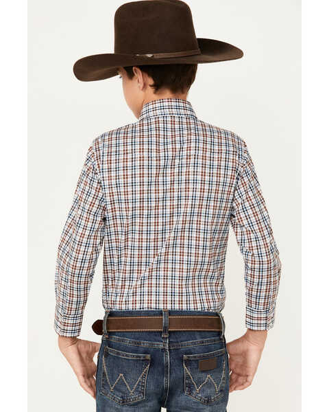 Image #4 - Wrangler Boys' Plaid Print Wrinkle Resistant Long Sleeve Pearl Snap Stretch Western Shirt, Brown, hi-res
