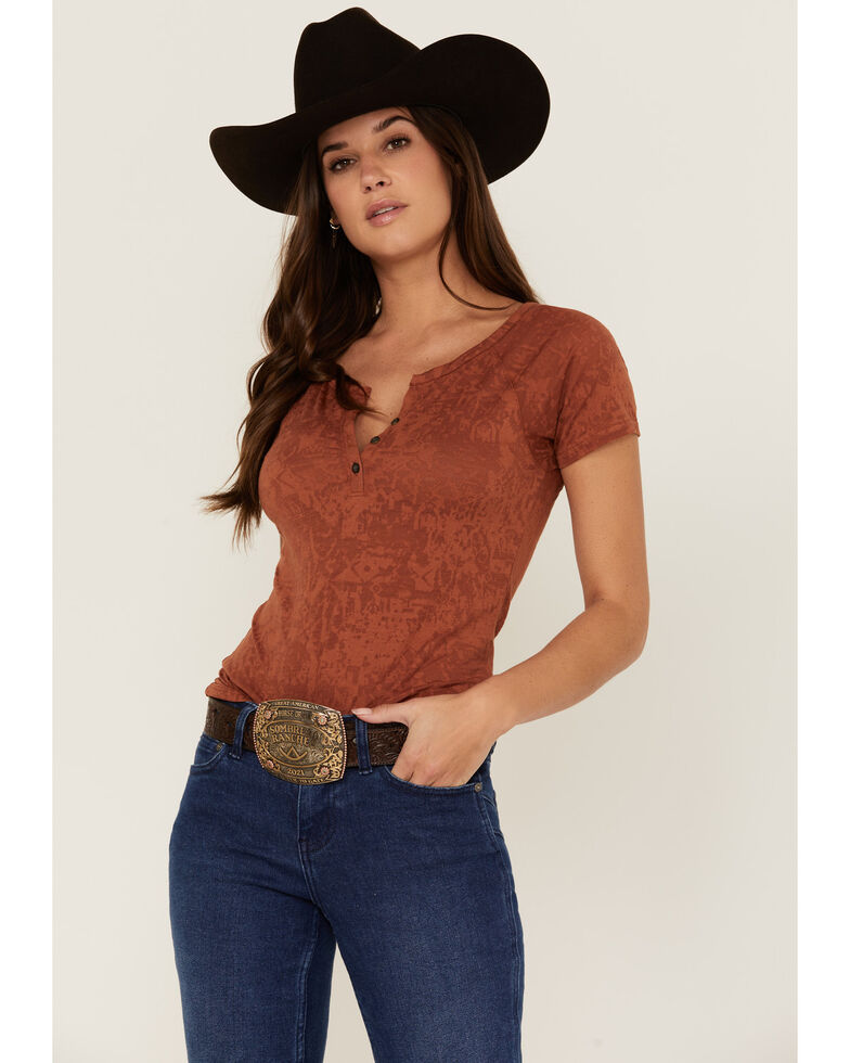 Rank 45 Women's Rust Southwestern Burnout Henley Tee, Rust Copper, hi-res