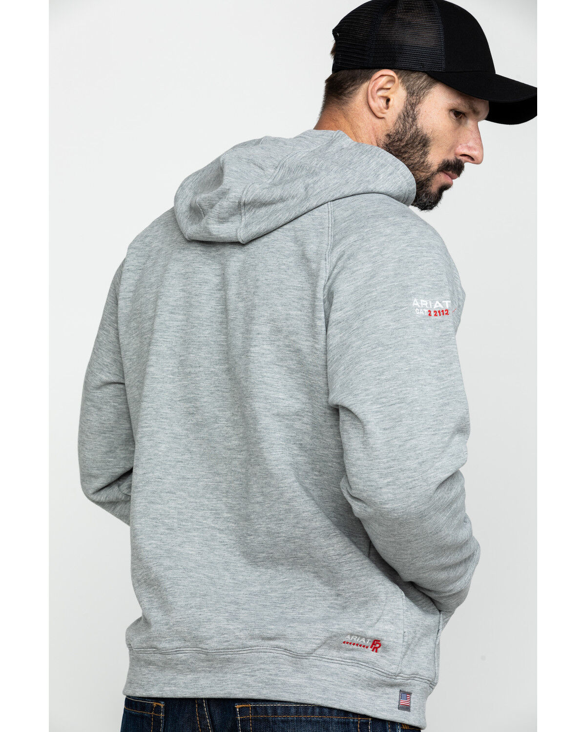 Image #2 - Ariat Men's FR Primo Fleece Logo Hooded Work Sweatshirt, Heather Grey, hi-res