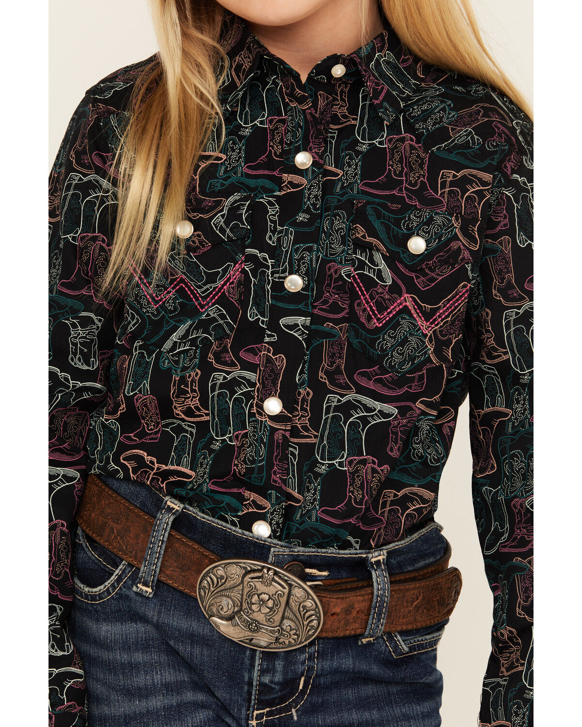 Image #3 - Wrangler Girls' Boot Print Long Sleeve Snap Western Shirt, Black, hi-res