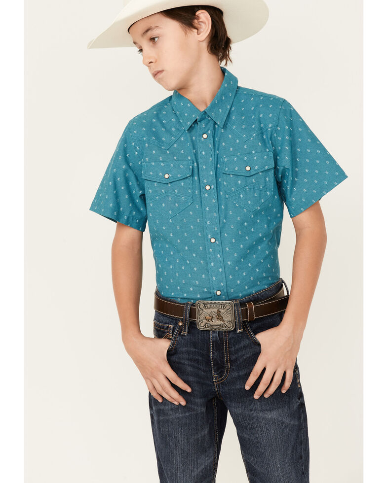 Cody James Boys' Field Day Chambray Geo Print Short Sleeve Snap Western Shirt , Blue, hi-res
