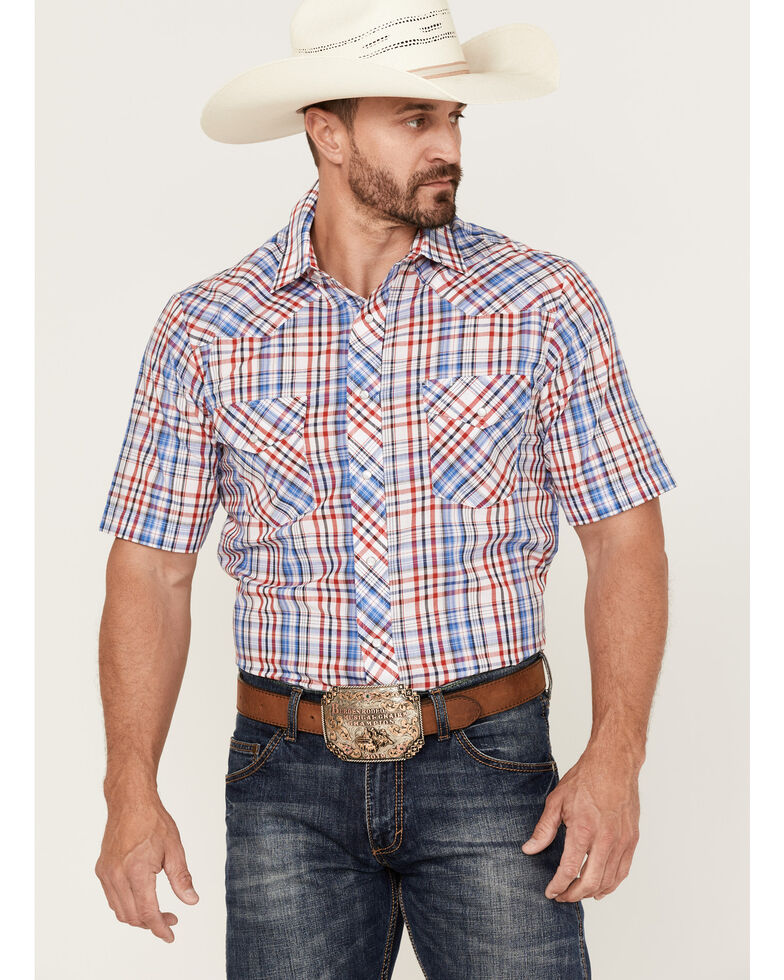 Roper Men's Red White & Blue Large Plaid Short Sleeve Snap Western Shirt , Red, hi-res