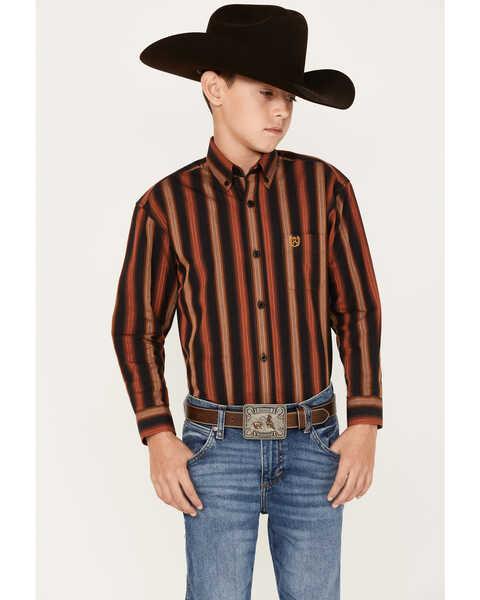 Image #1 - Panhandle Boys' Stripe Print Long Sleeve Button-Down Shirt, Rust Copper, hi-res