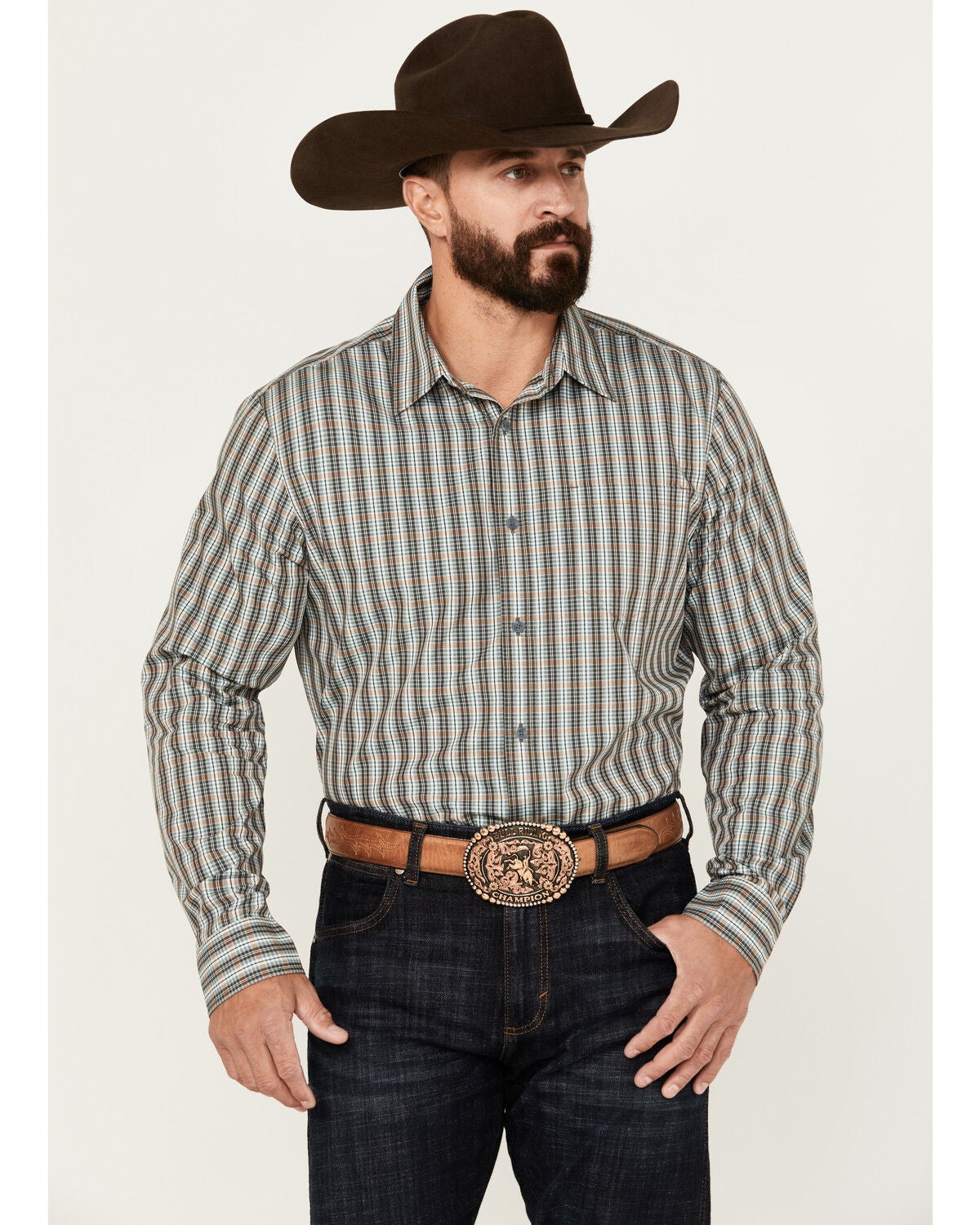 Gibson Trading Co Men's Stadium Plaid Print Long Sleeve Button-Down Shirt, Brown, hi-res