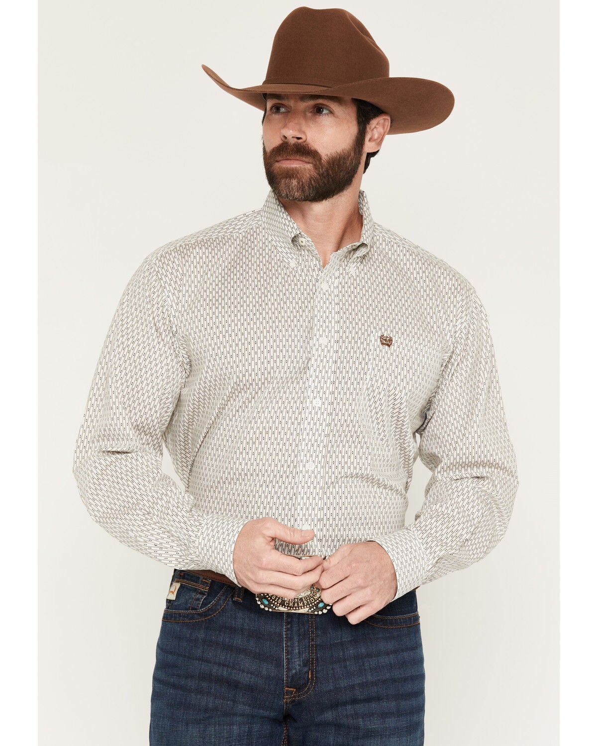 Cinch Men's Striped Long Sleeve Button-Down Stretch Western Shirt, Cream, hi-res