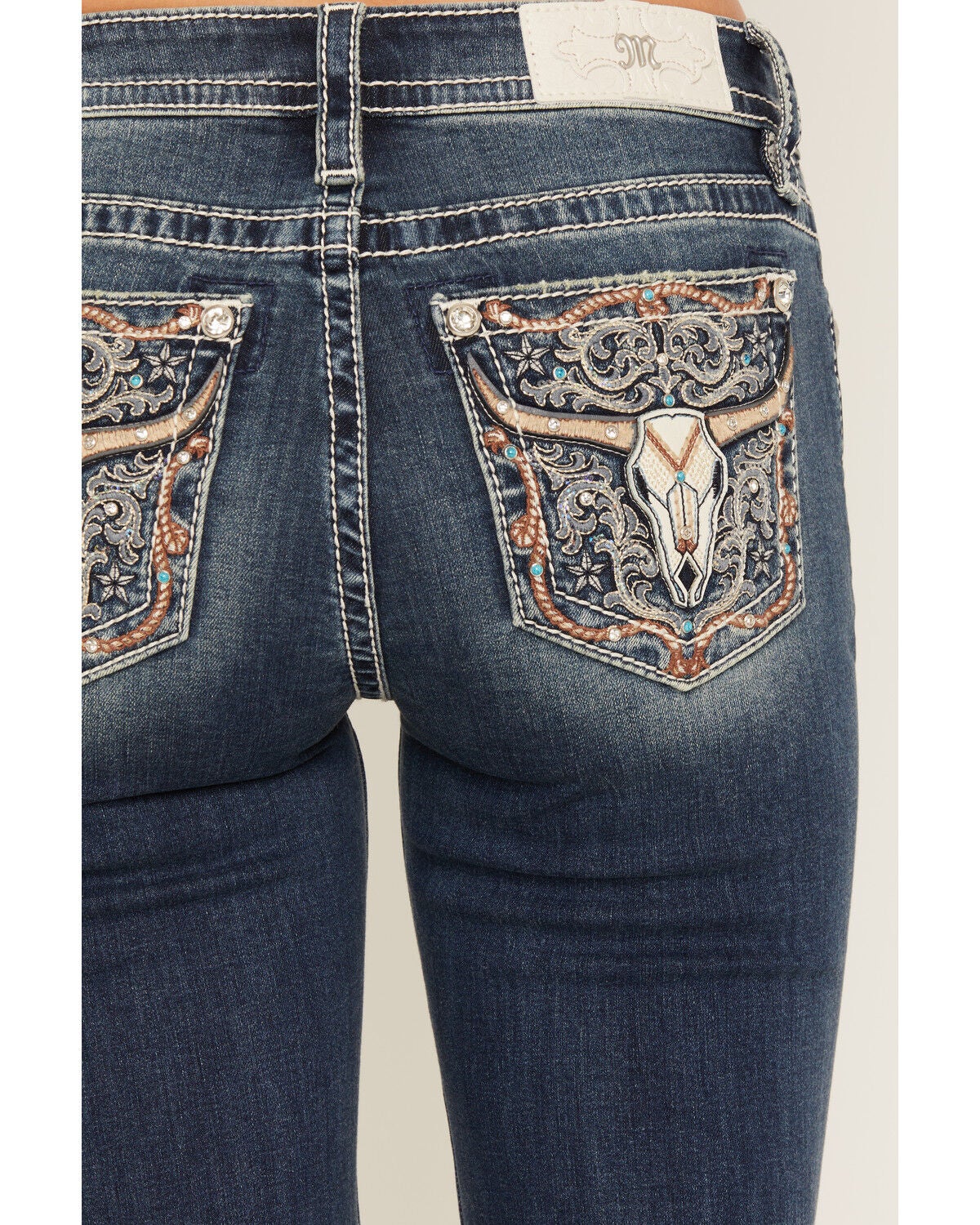Image #2 - Miss Me Women's Medium Wash Mid Rise Longhorn Pocket Bootcut Stretch Denim Jeans, Medium Wash, hi-res