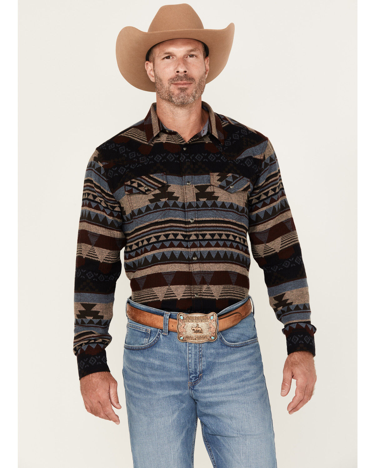 Image #1 - Cody James Men's Stagecoach Southwestern Print Long Sleeve Snap Western Shirt, Brown, hi-res