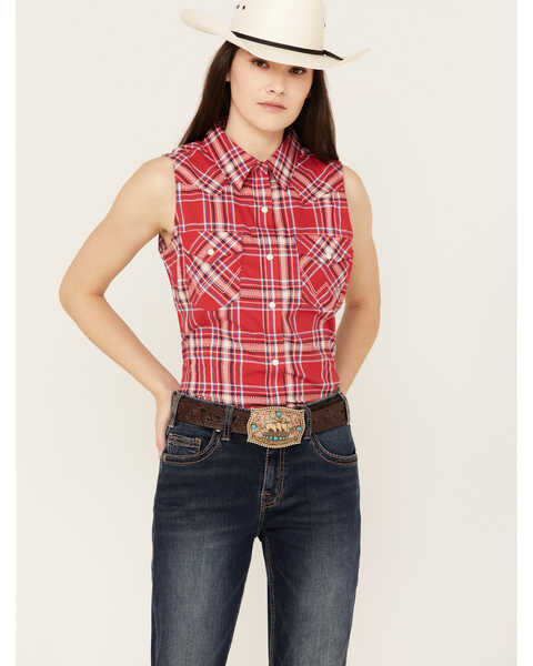 Wrangler Women's Sleeveless Plaid Print Snap Western Shirt, Red, hi-res