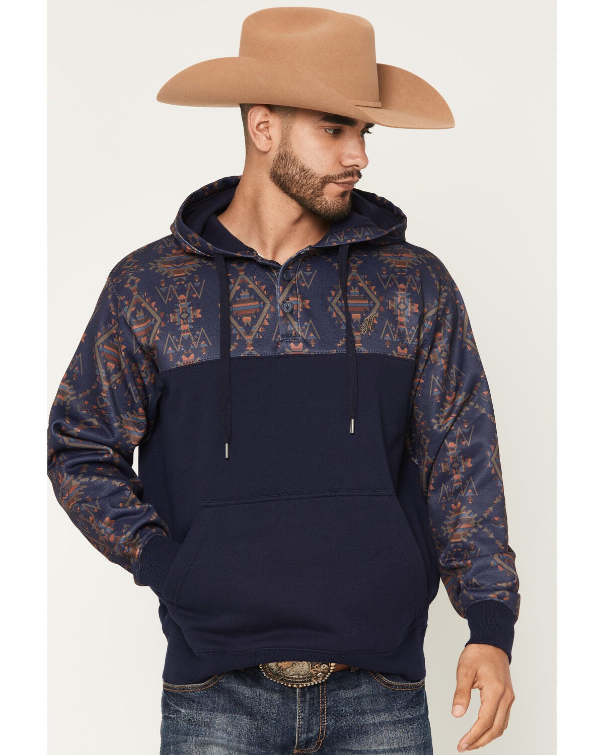 Hooey Men's Jimmy Southwestern Block Hooded Pullover, Navy, hi-res