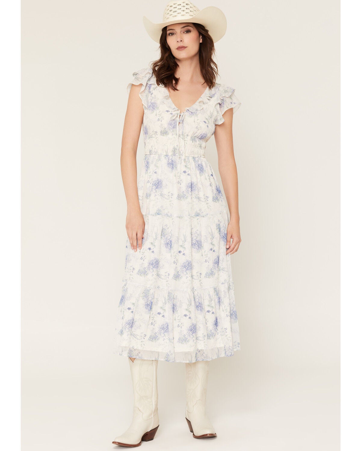 Image #1 - Ash & Violet Women's Floral Print Short Sleeve Midi Dress, White, hi-res