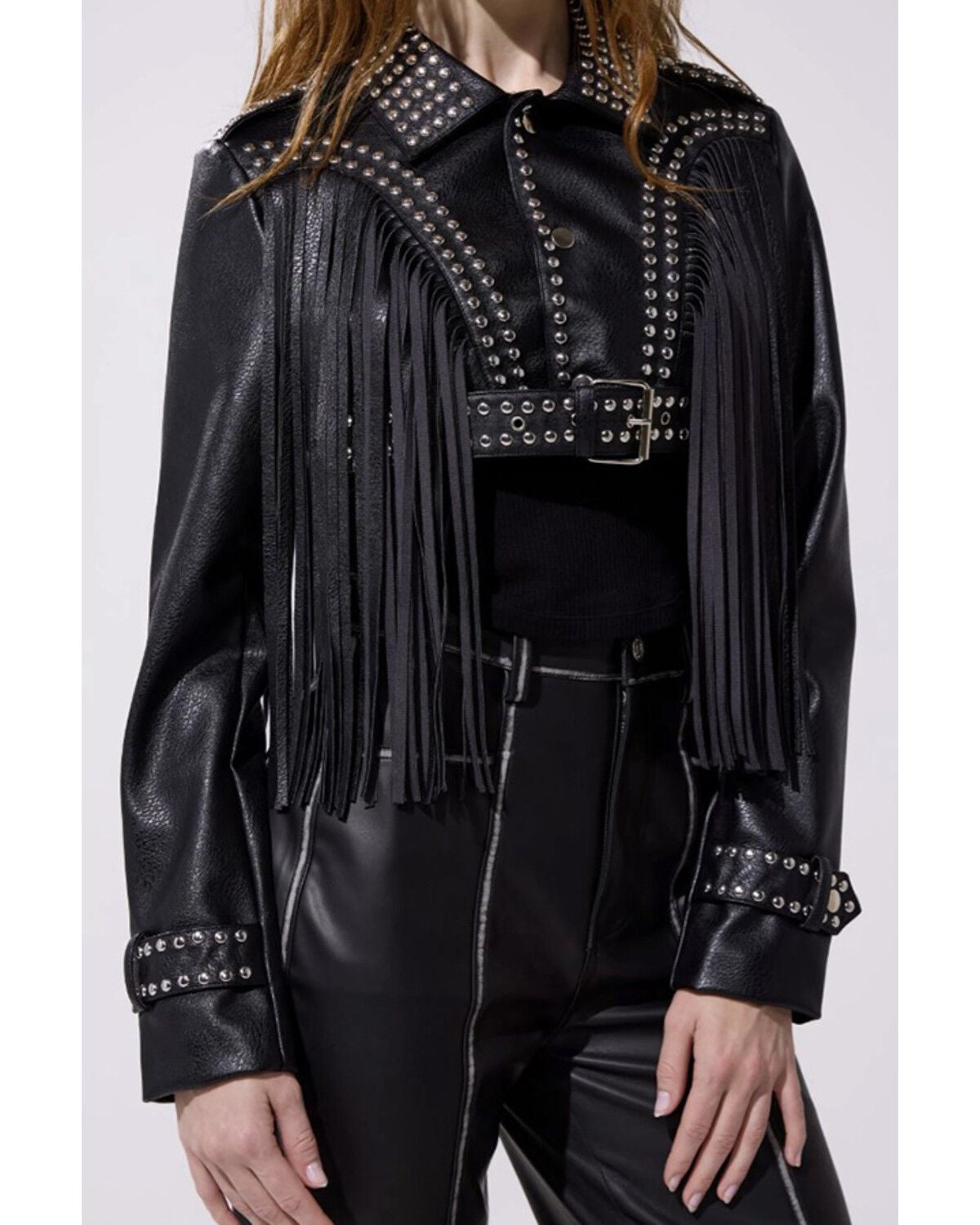 Azalea Wang Women's Faux Leather Studded Fringe Cropped Jacket, Black, hi-res