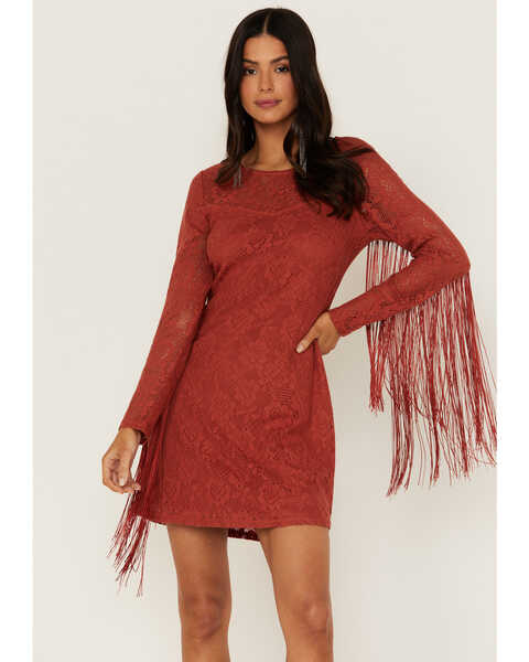 Idyllwind Women's Fairlane Brick Red Crochet Fringe Dress, Brick Red, hi-res