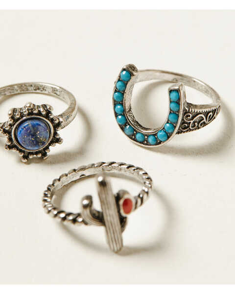 Image #3 - Shyanne Women's Silver 3-piece Cactus & Horseshoe Ring Set, Silver, hi-res
