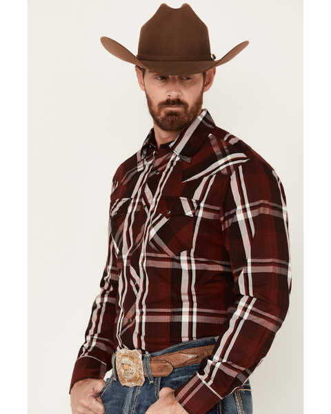 Image #2 - Wrangler Men's Plaid Print Long Sleeve Snap Western Shirt, Wine, hi-res