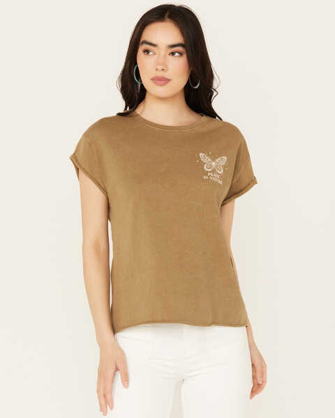 Image #1 - Cleo + Wolf Women's Burnout Butterfly Relaxed Graphic Tee, Olive, hi-res