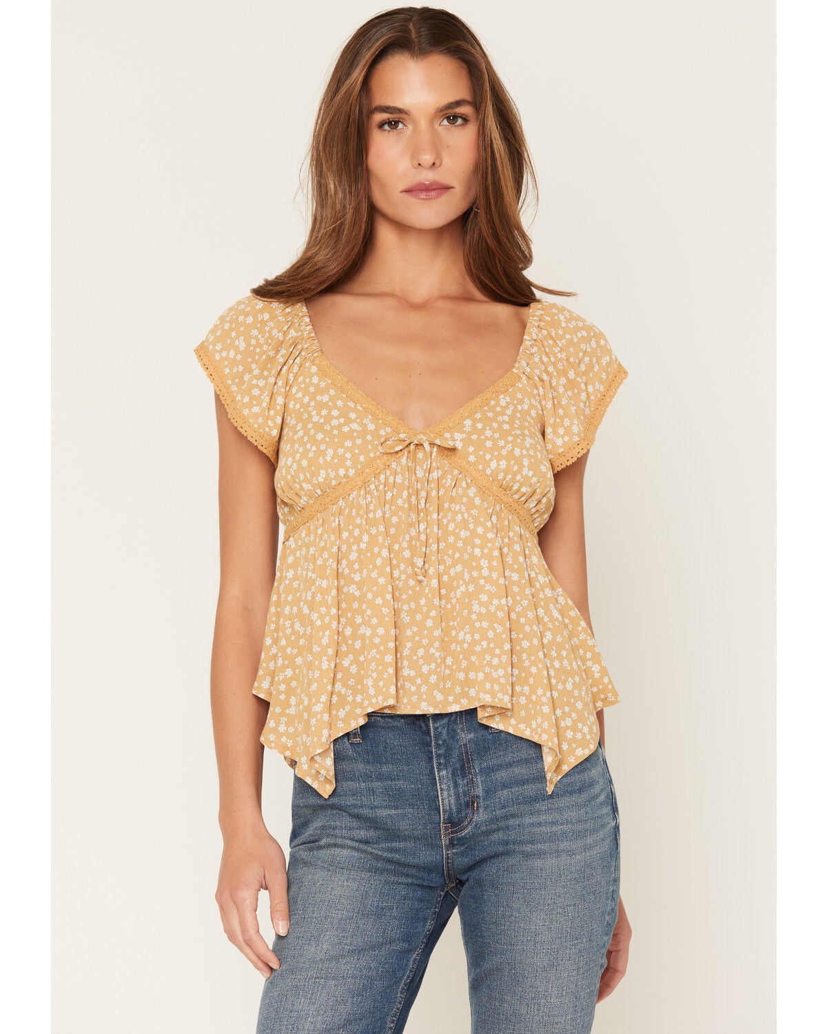 Wild Moss Women's Floral Print Hanky Hem Short Sleeve Top, Mustard, hi-res