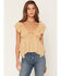 Image #1 - Wild Moss Women's Floral Print Hanky Hem Short Sleeve Top, Mustard, hi-res