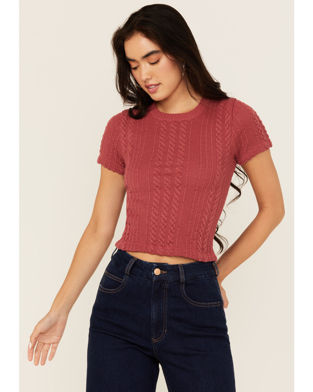 Image #1 - Evergreen Women's Cable Rib Short Sleeve Top, Burgundy, hi-res