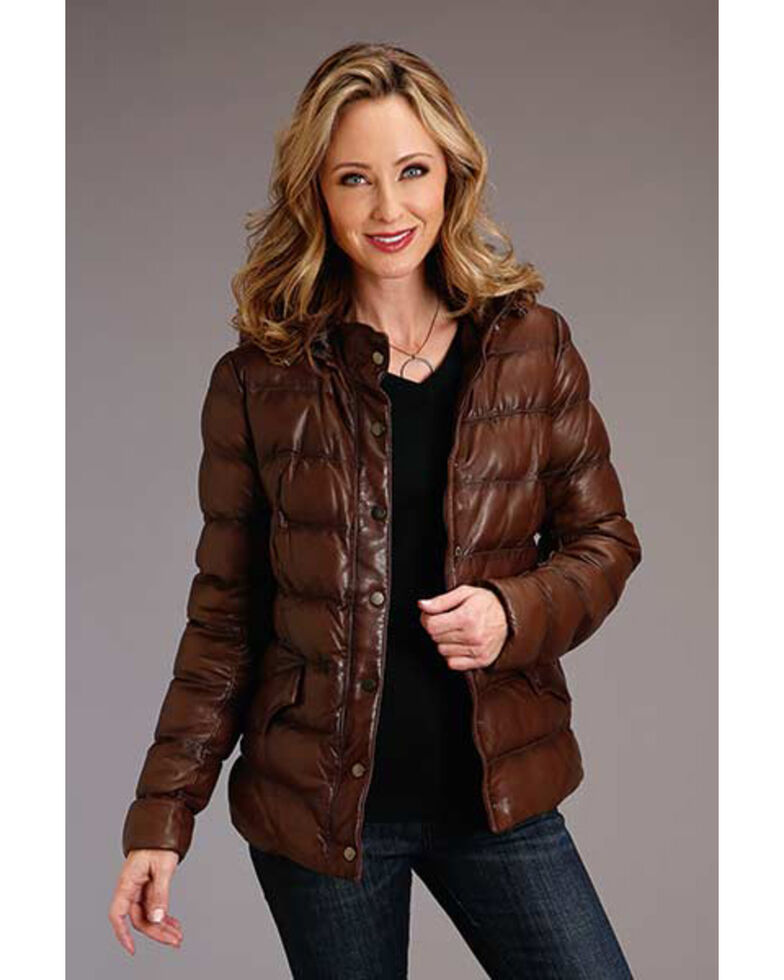 Stetston Women's Antique Brown Snap-Front Quilted Leather Jacket, Brown, hi-res