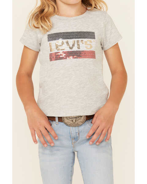 Image #3 - Levi's Little Girls' Logo Love Sequin Short Sleeve Tee , Grey, hi-res