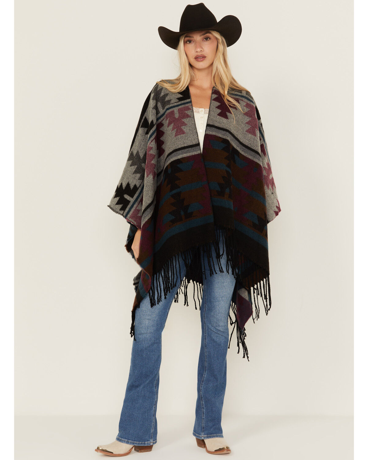 Image #1 - Shyanne Women's Southwestern Print Fringe Blanket Shawl, Black, hi-res