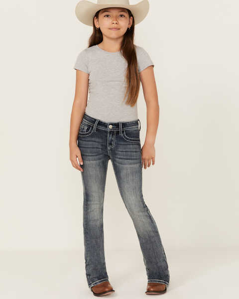 Grace in LA Girls' Medium Wash Embroidered Pocket Bootcut Stretch Denim Jeans , Medium Wash, hi-res
